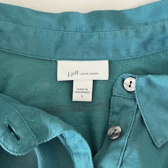 J Jill Love Linen Teal Tunic Size L Lagenlook Coastal Collared Beachy Minimalist - Picture 6 of 12